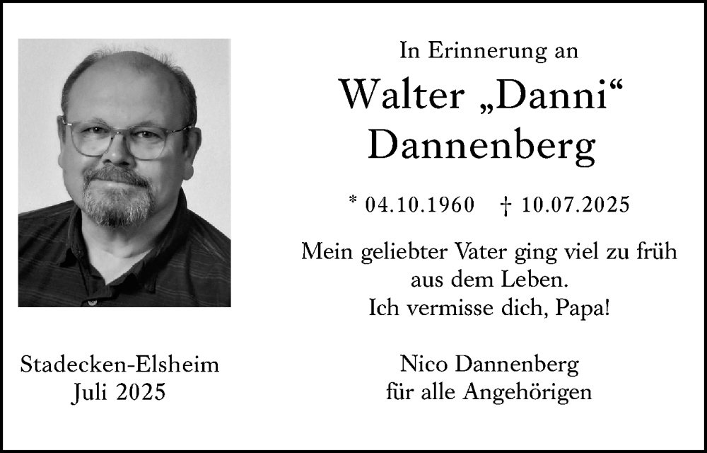 Traueranzeige für Walter Dannenberg vom 28.07.2025 aus Allgemeine Zeitung Mainz
