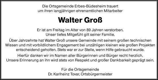 Traueranzeige von Walter Groß von Allgemeine Zeitung Alzey