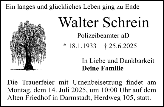 Traueranzeige von Walter Schrein von Darmstädter Echo
