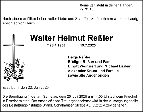 Traueranzeige von Walter Helmut Reßler von Allgemeine Zeitung Alzey