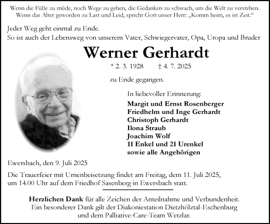 Traueranzeige von Werner Gerhardt von Dill Block