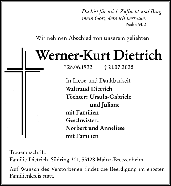 Traueranzeige von Werner-Kurt Dietrich von Allgemeine Zeitung Mainz