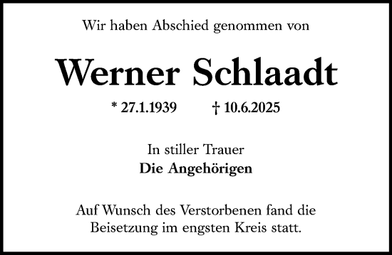 Traueranzeige von Werner Schlaadt von Wiesbadener Kurier