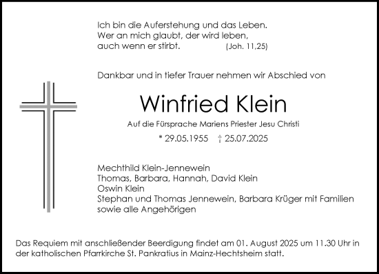 Traueranzeige von Winfried Klein von Allgemeine Zeitung Mainz