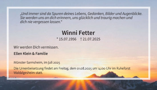 Traueranzeige von Winni Fetter von Binger-/Ingelheimer Wochenblatt