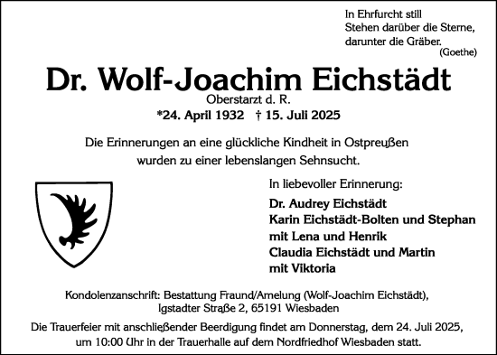 Traueranzeige von Wolf-Joachim Eichstädt von Wiesbadener Kurier