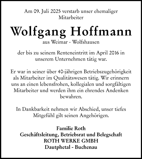 Traueranzeige von Wolfgang Hoffmann von Hinterländer Anzeiger