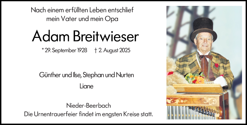  Traueranzeige für Adam Breitwieser vom 09.08.2025 aus Darmstädter Echo