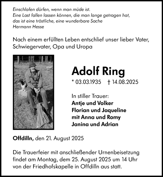 Traueranzeige von Adolf Ring von Dill Block
