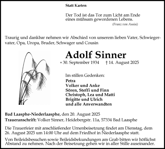 Traueranzeige von Adolf Sinner von Hinterländer Anzeiger