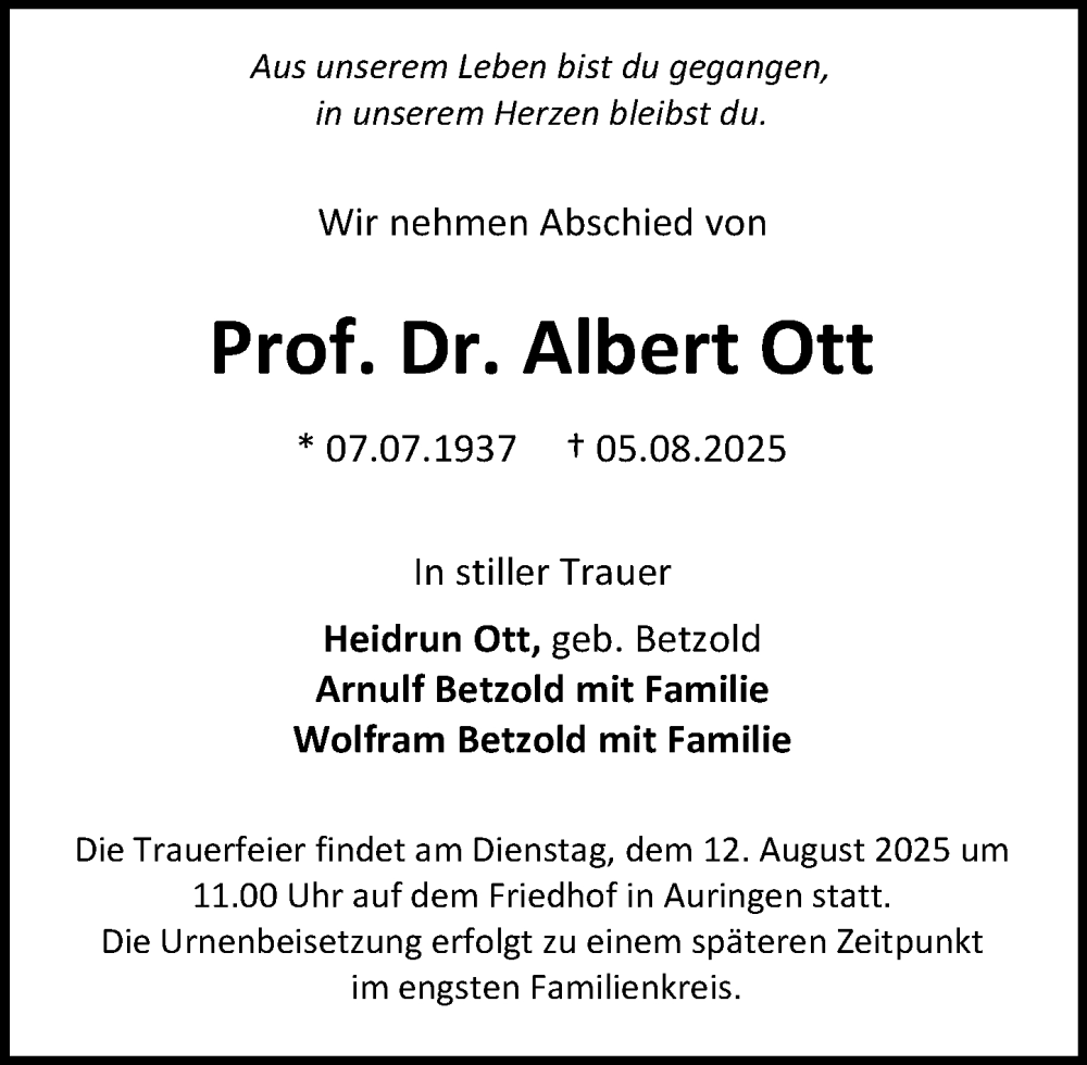  Traueranzeige für Albert Ott vom 09.08.2025 aus Wiesbadener Kurier