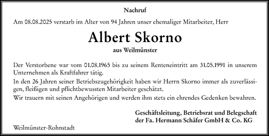 Traueranzeige von Albert Skorno von Weilburger Tageblatt