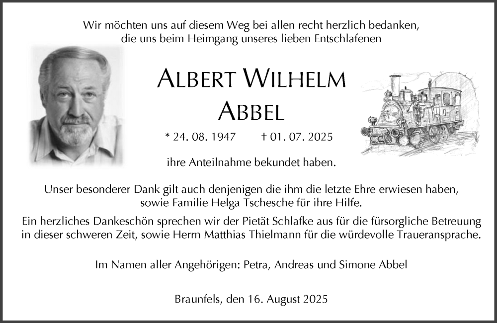  Traueranzeige für Albert Wilhelm Abbel vom 16.08.2025 aus Wetzlarer Neue Zeitung