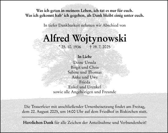 Traueranzeige von Alfred Wojtynowski von Wetzlarer Neue Zeitung