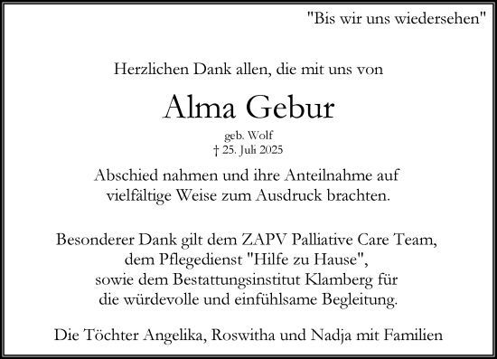 Traueranzeige von Alma Gebur von Wiesbadener Kurier