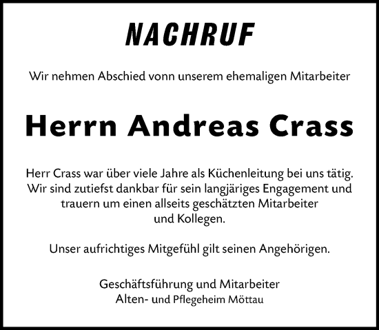 Traueranzeige von Andreas Crass von Weilburger Tageblatt