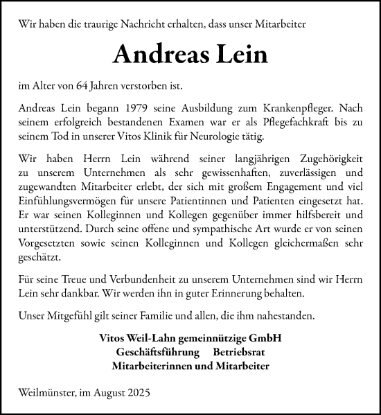 Traueranzeige von Andreas Lein von Weilburger Tageblatt