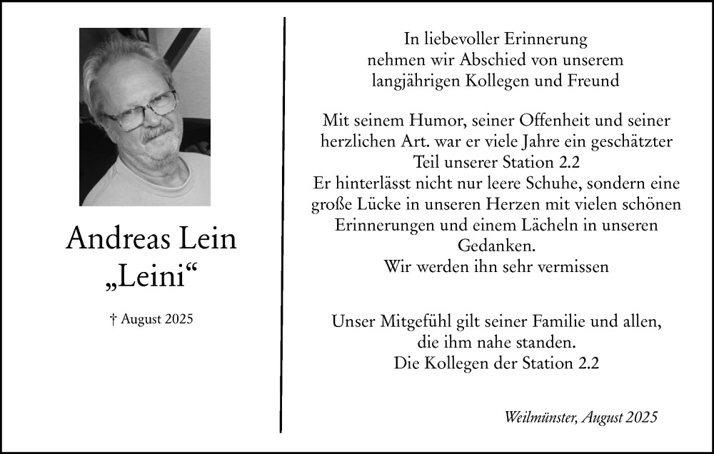  Traueranzeige für Andreas Lein vom 12.08.2025 aus Weilburger Tageblatt