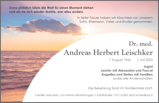 Traueranzeige von Andreas Herbert Leischker von Wiesbadener Kurier