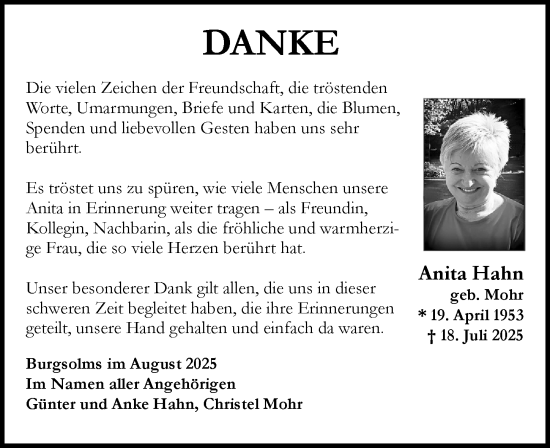 Traueranzeige von Anita Hahn von Wetzlarer Neue Zeitung