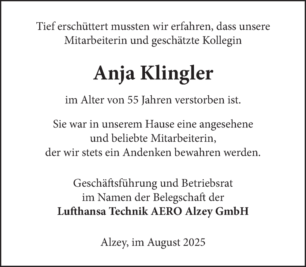 Traueranzeige für Anja Klingler vom 21.08.2025 aus Allgemeine Zeitung Alzey