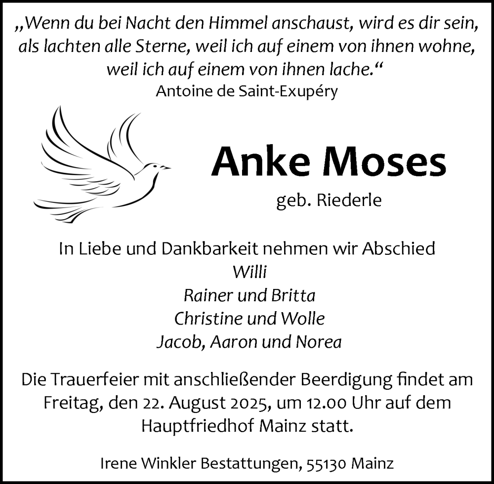  Traueranzeige für Anke Moses vom 20.08.2025 aus Allgemeine Zeitung Mainz