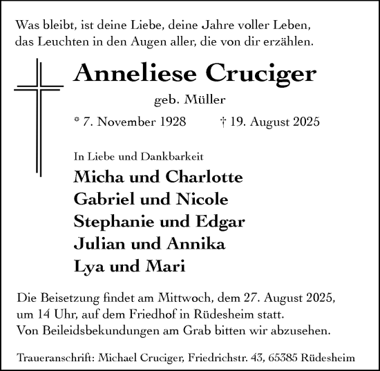 Traueranzeige von Anneliese Cruciger von Rheingau Kurier