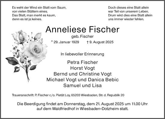 Traueranzeige von Anneliese Fischer von Wiesbadener Kurier