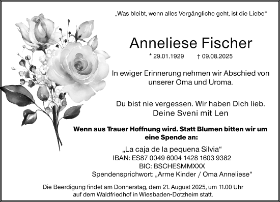 Traueranzeige von Anneliese Fischer von Wiesbadener Kurier