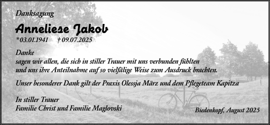 Traueranzeige von Anneliese Jakob von Hinterländer Anzeiger