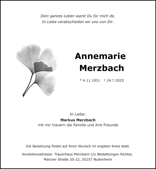 Traueranzeige von Annemarie Merzbach von Allgemeine Zeitung Mainz