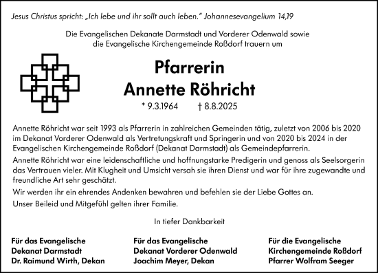 Traueranzeige von Annette Röhricht von Darmstädter Echo