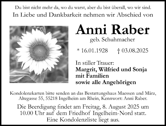 Traueranzeige von Anni Raber von Allgemeine Zeitung Rheinhessen-Nahe