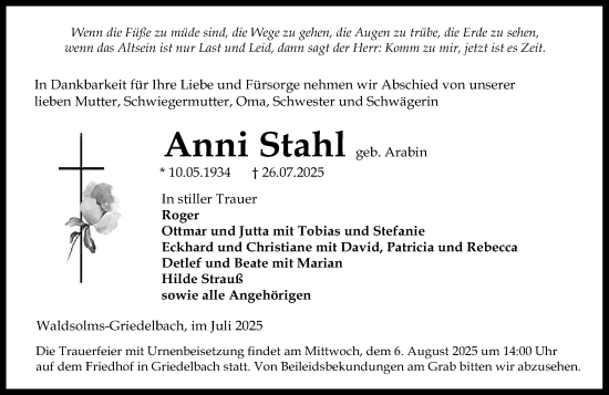 Traueranzeige von Anni Stahl von Wetzlarer Neue Zeitung