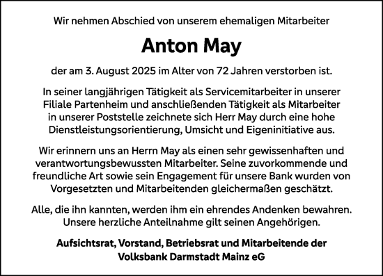 Traueranzeige von Anton May von Allgemeine Zeitung Alzey