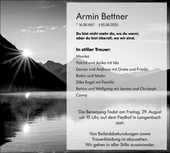 Traueranzeige von Armin Bettner von Weilburger Tageblatt