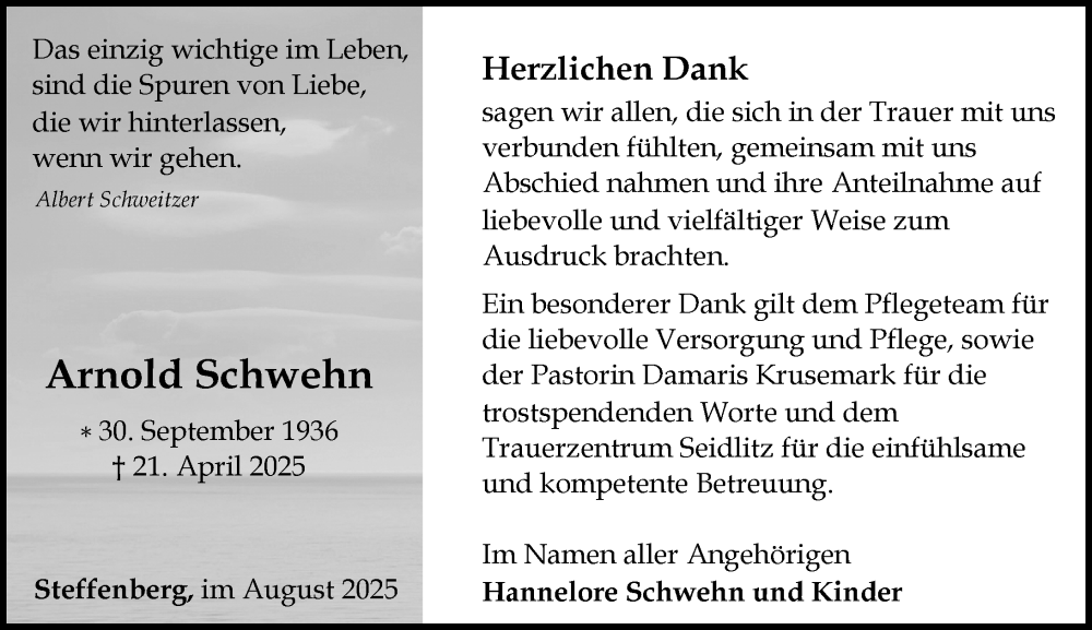  Traueranzeige für Arnold Schwehn vom 16.08.2025 aus Hinterländer Anzeiger