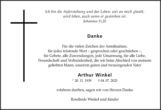 Traueranzeige von Arthur Winkel von Dill Block