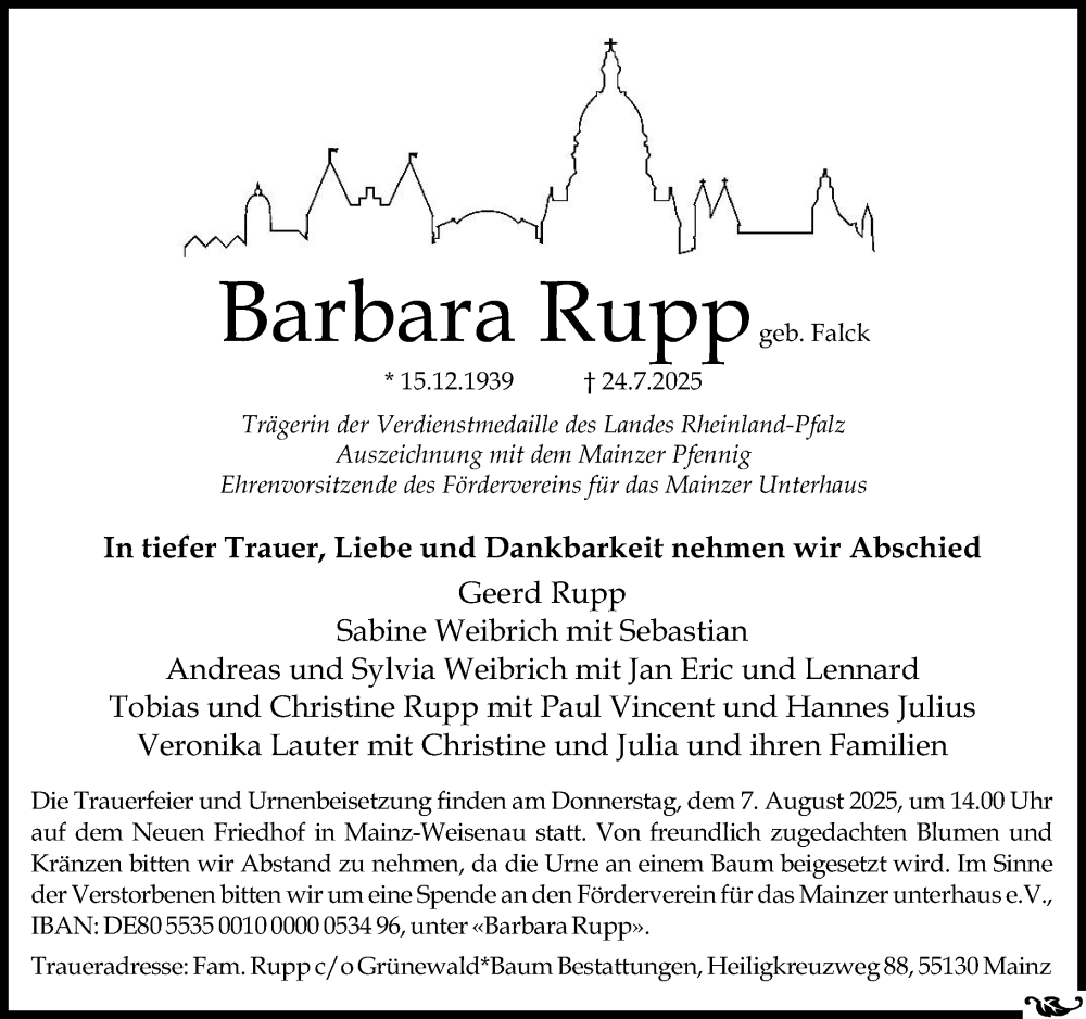  Traueranzeige für Barbara Rupp vom 02.08.2025 aus Allgemeine Zeitung Mainz