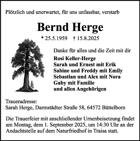 Traueranzeige von Bernd Herge von Darmstädter Echo