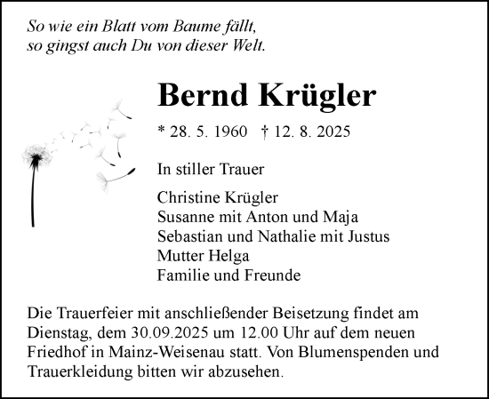 Traueranzeige von Bernd Krügler von Allgemeine Zeitung Mainz