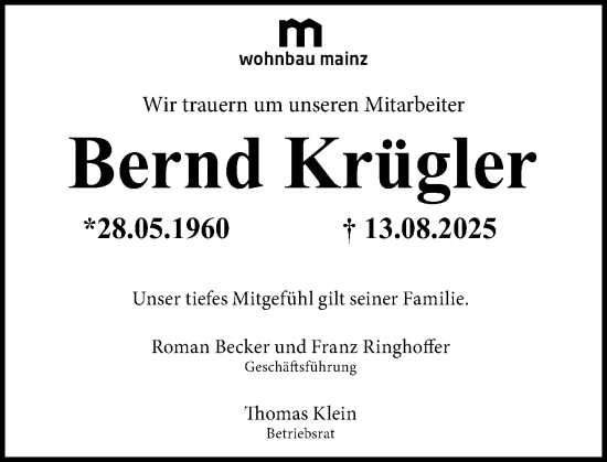 Traueranzeige von Bernd Krügler von Allgemeine Zeitung Mainz