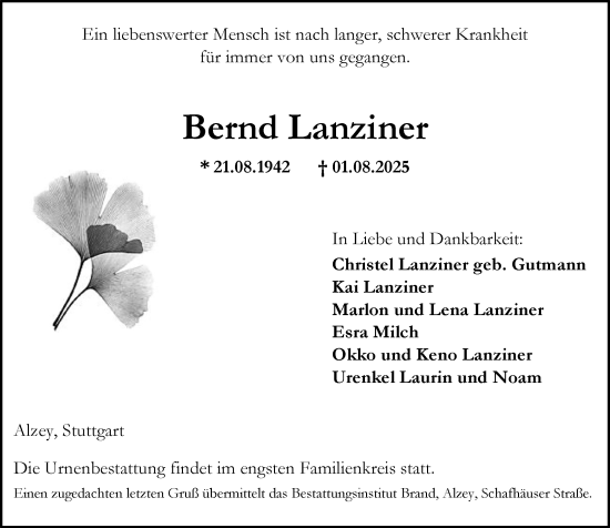 Traueranzeige von Bernd Lanziner von Allgemeine Zeitung Alzey