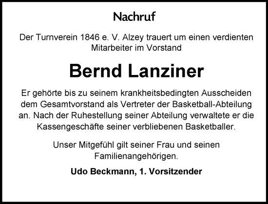 Traueranzeige von Bernd Lanziner von Allgemeine Zeitung Alzey