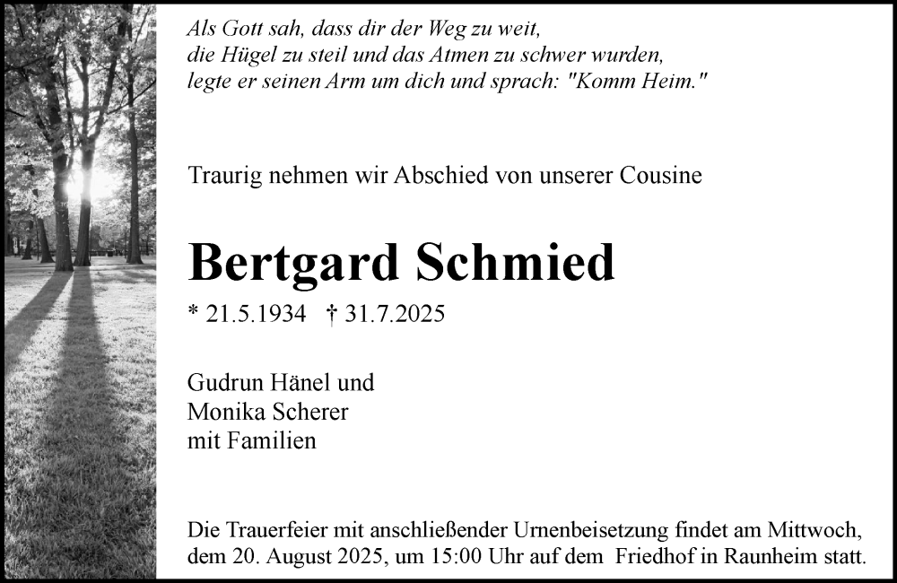  Traueranzeige für Bertgard Schmied vom 16.08.2025 aus Rüsselsheimer Echo