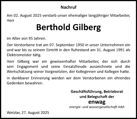 Traueranzeige von Berthold Gilberg von Wetzlarer Neue Zeitung