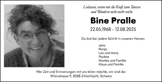Traueranzeige von Bine Pralle von Dieburger Anzeiger/Groß-Zimmerner Lokal-Anzeiger