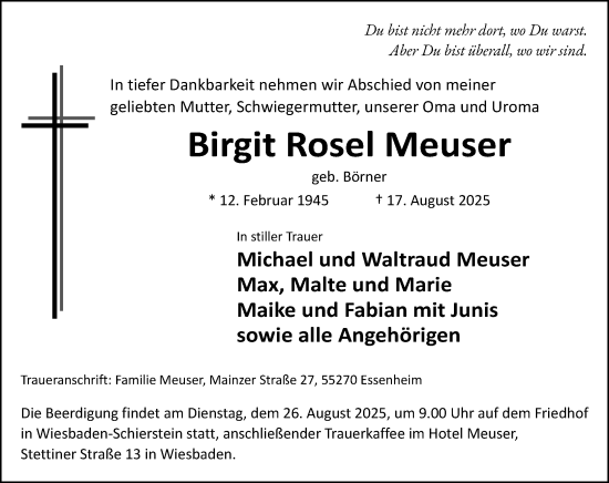 Traueranzeige von Birgit Rosel Meuser von Wiesbadener Kurier