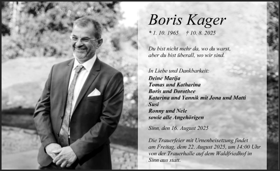 Traueranzeige von Boris Kager von Dill Block