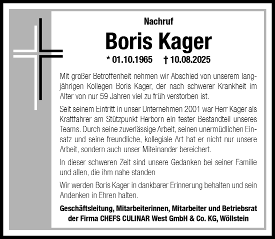 Traueranzeige von Boris Kager von Dill Block